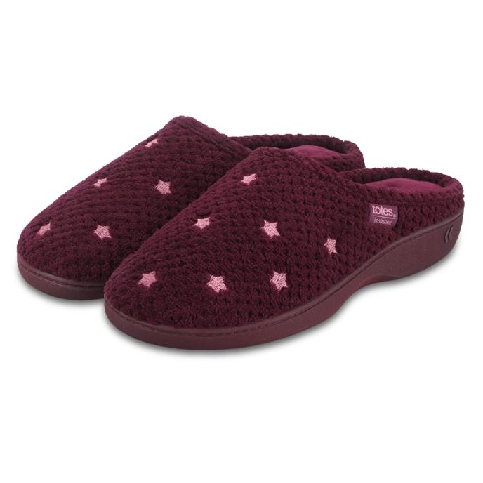 Isotoner® Ladies Popcorn Terry Mule Slipper Burgunday Star Extra Image 1